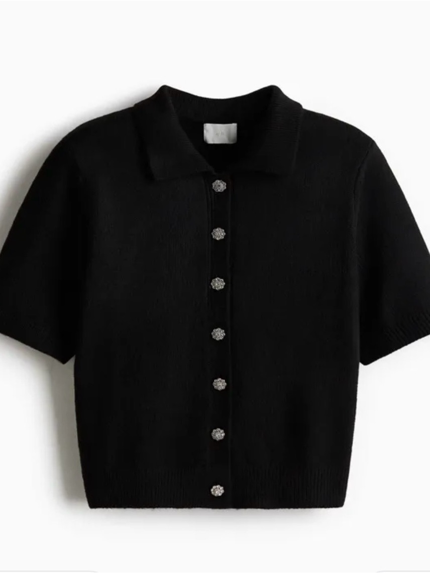 H&M Black Short-Sleeve Button Cardigan With Decorative Jewel Buttons